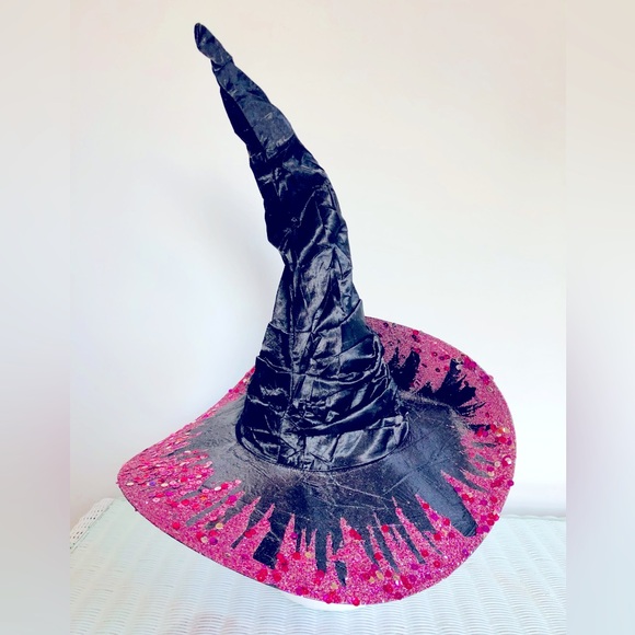 Witch hat, black satin Green sparkles, extra large, green butterfly & spiders OS - Picture 11 of 15